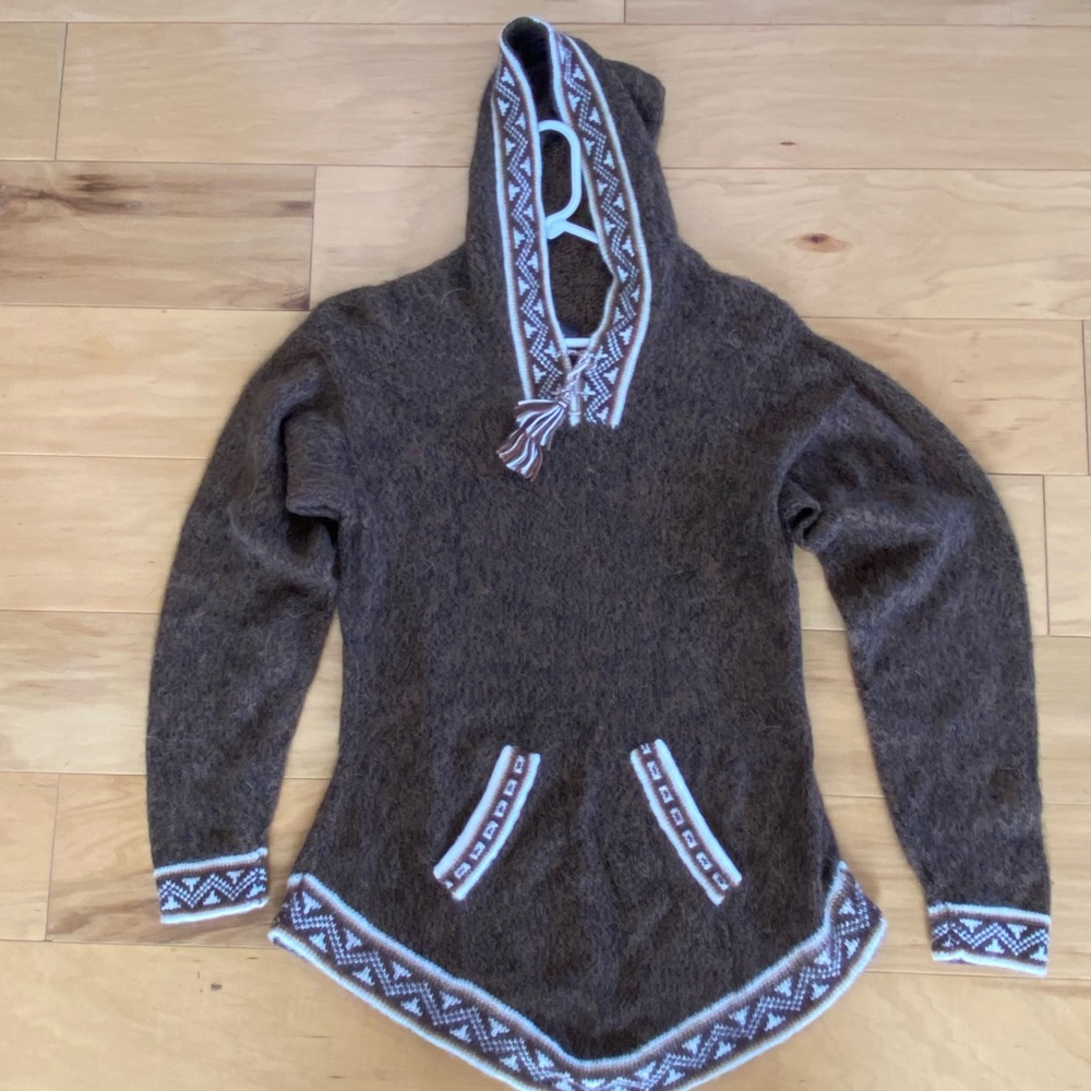 Vintage Alpaca 100% Softest Brown Hooded Woven Sweater S/M Artisan Wool Cabin